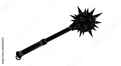 Silhouette of a medieval morning star mace weapon with a spiked iron ball on a handle used for historical combat.
