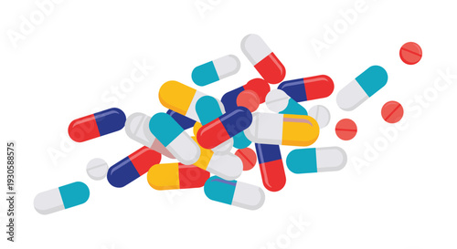 Pile of colorful pharmaceutical capsules and round tablets scattered on a white background, representing medicine and clinical therapy.