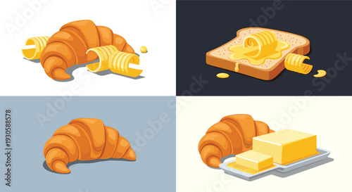 Breakfast food collection featuring buttery croissants and golden toast with curls and blocks of butter on different backgrounds.