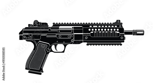 Black silhouette of a compact submachine gun with a textured grip and tactical rails for military and defense illustrations.