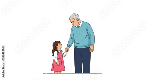 Friendly grandfather in a blue sweater holding the hand of his little granddaughter in a pink dress standing on a white background.