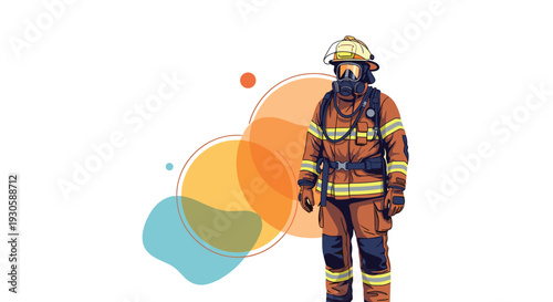 Professional firefighter in full protective gear including a helmet and oxygen mask standing against an abstract colorful background.