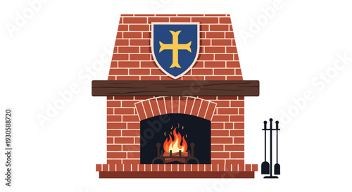Red brick fireplace with a burning wood fire and a decorative blue shield with a golden cross mounted above the wooden mantelpiece.