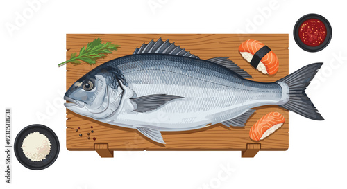 Fresh whole sea bream fish on a wooden cutting board with sushi pieces and various ingredients for a gourmet seafood meal preparation.