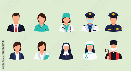 Set of ten professional avatars representing different occupations like doctor nurse police officer lawyer and nun in a flat design style.