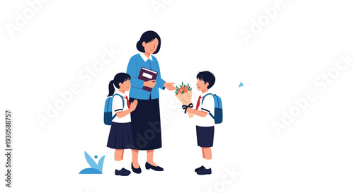 Group of young students in school uniforms giving a bouquet of flowers and a gift to their teacher in a heartwarming school scene.
