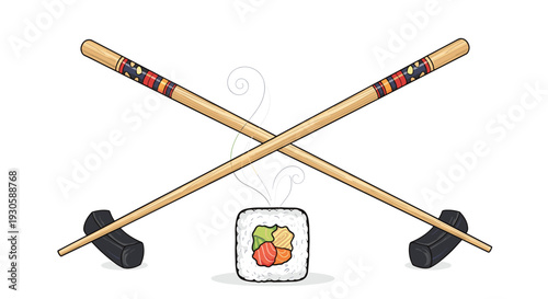 Single piece of sushi roll with fresh ingredients placed between two crossed wooden chopsticks on a clean white background.