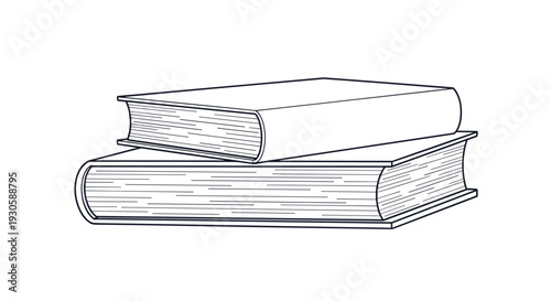 Two closed books stacked on top of each other shown in a simple black and white line art drawing for educational and library concepts.