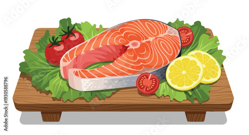 Fresh salmon steak served on a wooden board with green lettuce leaves red cherry tomatoes and lemon slices for a healthy meal concept.