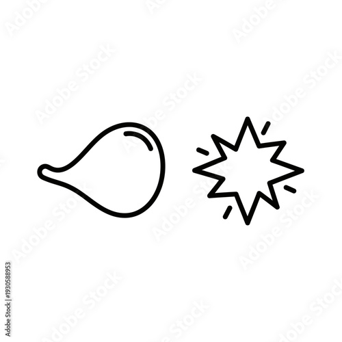 Minimalist line art icons showing a water drop shape and a starburst graphic, suggesting concepts of liquid, impact, or sudden events.