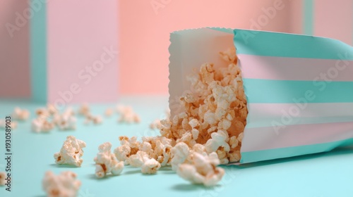 Popcorn spills from a colorful box on a bright table