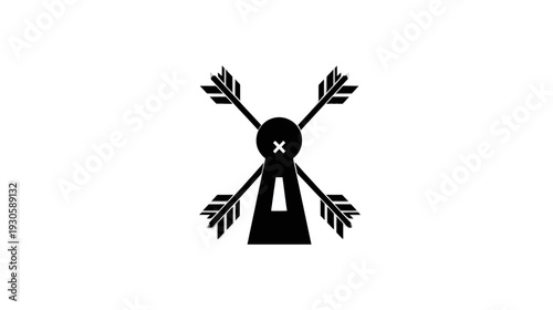 A black and white illustration of a stylized wind turbine with arrows as blades