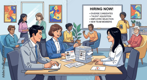 workplace hiring meeting, diverse team, job interview, recruitment