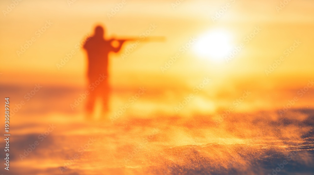 Fototapeta premium Hunting at sunset on a snowy landscape with a blurred silhouette
