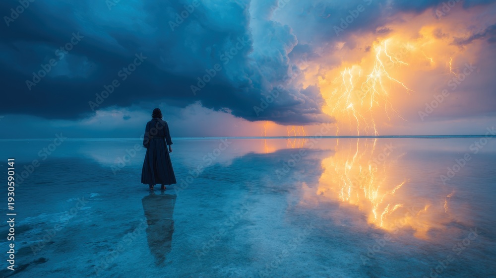 Obraz premium Person stands on water during stormy weather at sunset with lightning in the sky