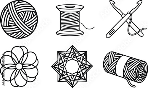 Hand drawn vector line art icon set featuring yarn balls crochet hooks thread spools and geometric patterns for knitting and craft