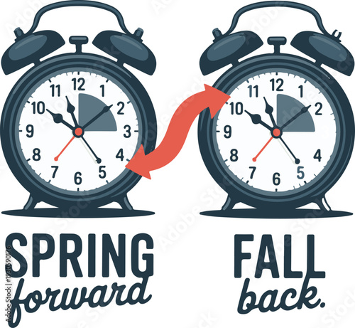 Daylight saving time concept with alarm clock time change, vector illustration