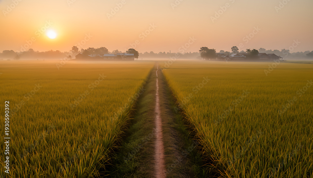 Fototapeta premium Golden rice field path at sunrise with distant village