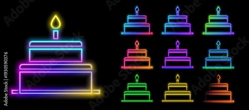 Neon Birthday Cake Icon – Glowing Celebration Dessert Symbol
