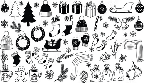 Hand drawn Christmas vector icon set featuring holiday symbols like winter hats stockings trees gifts snowflakes wreaths and gingerbread man line art