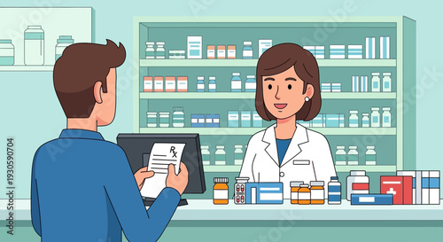 Pharmacist assisting customer with prescription at pharmacy counter