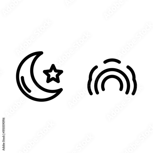 Celestial icons featuring a crescent moon with a star and a series of radiating arcs, representing night, space, and abstract signals or waves.