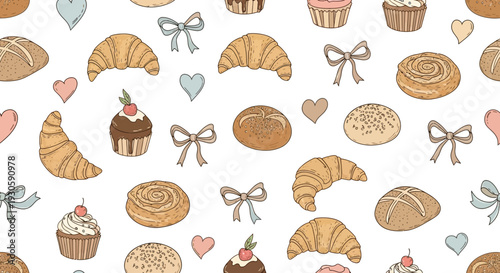Bakery pattern: croissants, buns, cupcakes, hearts, bows on white background