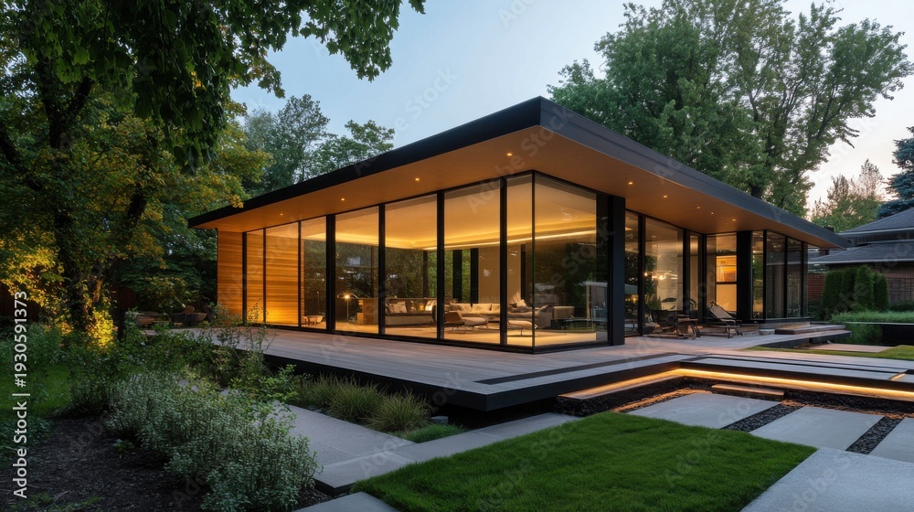 Fototapeta premium Contemporary Glass and Wood Pavilion Home in Lush Landscape