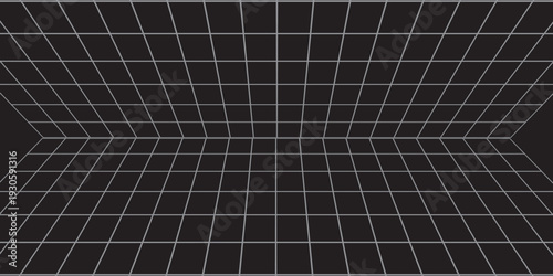 Futuristic perspective grid box. Abstract wireframe with white grid line on black background. Virtual reality landscape in 80s 90s digital style. Vector illustration.