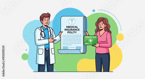 Doctor showing medical insurance policy to patient, healthcare concept