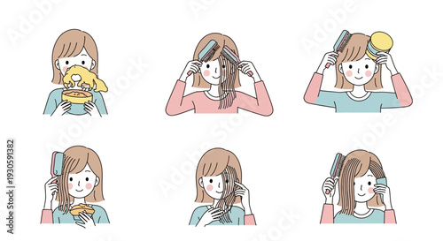 woman hair care routine, combing hair, hairbrush, beauty treatment