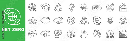Net zero and carbon neutral outline icon set featuring CO2 emission reduction, renewable energy, sustainability strategy, climate action