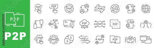 P2P peer to peer outline icon set featuring digital payment, decentralized network, online transaction, money transfer, fintech technology