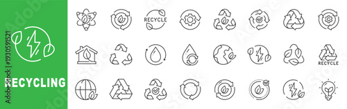 Recycling and sustainability outline icon set featuring circular economy, renewable energy, eco friendly symbols, green technology and environmental protection in editable stroke line design