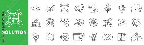 Solution outline icon set featuring problem solving, strategy, innovation, teamwork, workflow optimization, decision making and business consulting concepts in editable stroke line design