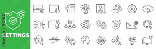 Settings outline icon set featuring configuration, system preferences, security settings, user management, troubleshooting, maintenance and workflow automation in editable stroke line design