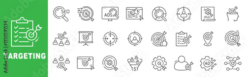 Targeting outline icon set featuring SEO, digital advertising, audience segmentation, analytics, conversion goals and marketing strategy in editable stroke line style