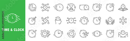 Time and clock outline icon set featuring deadline, schedule, productivity, timer, hourglass and time management symbols in editable stroke line style
