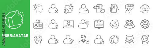 User and avatar outline icon set featuring profile management, account settings, verification, support, feedback and digital identity symbols in editable stroke line style