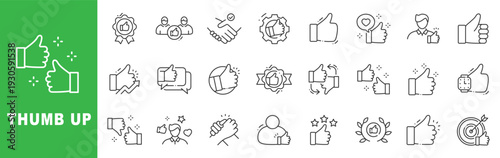Thumb up outline icon set featuring like, approval, positive feedback, customer satisfaction, success and endorsement symbols in editable stroke line style