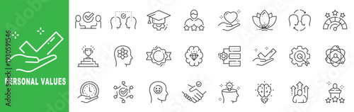 Personal values outline icon set featuring integrity, trust, teamwork, leadership, self development, motivation, achievement, empathy and excellence symbols in editable stroke line design