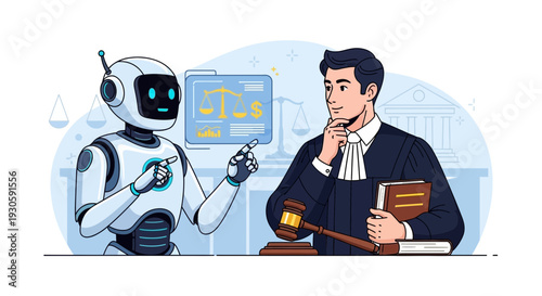 ai robot lawyer consulting legal advice, justice concept, courtroom scene