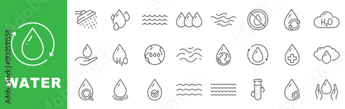 Water outline icon set featuring droplets, rain, waves, purification, sustainability and water cycle symbols in editable stroke line style