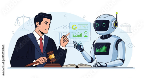 judge with ai robot, legal tech, courtroom, justice, law concept