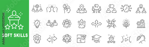 Soft skills outline icon set featuring communication, teamwork, leadership, emotional intelligence, problem solving, adaptability and professional development in editable stroke line design