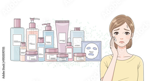 Woman with skincare products, face care routine, beauty concept