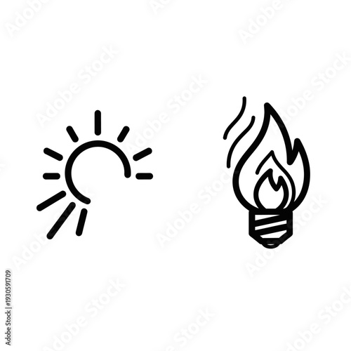 Tender Ray and Soft Flicker Icons: Sunlight Rays and Gentle Flame in Lightbulb Shape