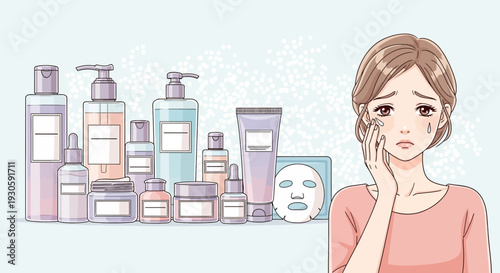 Woman with skincare products, beauty and cosmetic concept