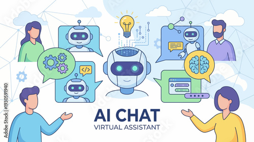 ai chat virtual assistant concept, people interacting with chatbot