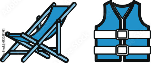 Beach deck chair and life jacket vector icons, flat summer vacation safety equipment illustration isolated on white background